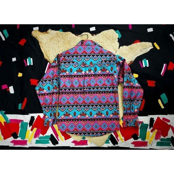 Vtg 1980s 90s NAVAJO Turquoise Pink ALL-OVER Print BRUSHPOPPER Rodeo Shirt Sz S - Picture 3 of 8